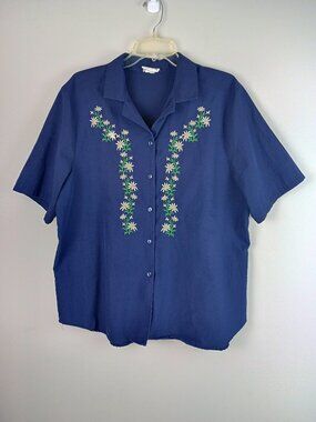 VTG Bonworth Womens 3XL Navy Blue Daisy Embroidered Short Sleeve Button Up Shirt